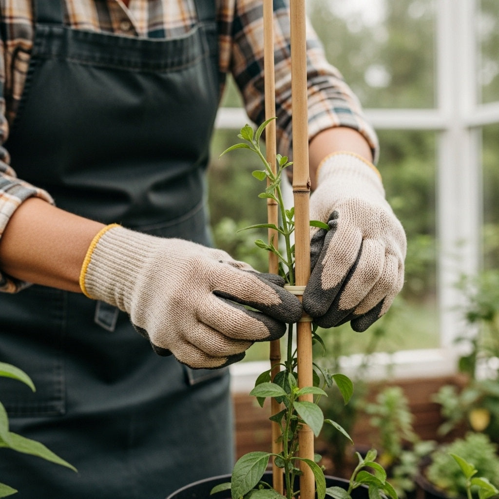 Trabajador atando el tutor de bambú al cultivo plantado en la maceta