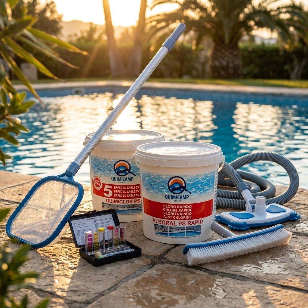 Kit Arranque Piscina Alboral y Quimiclor junto a piscina con accesorios de limpieza