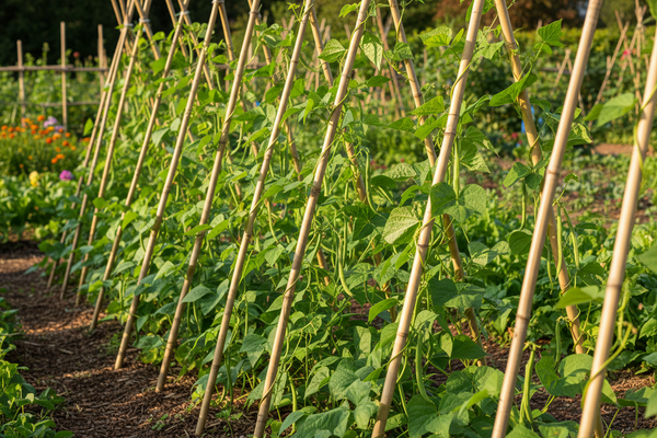 Cañas de bambú entutorando judías verdes