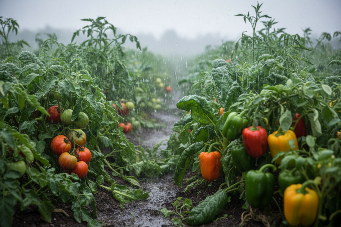 Hortalizas en huerto con lluvia