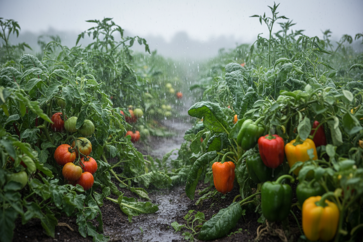 Hortalizas en huerto con lluvia