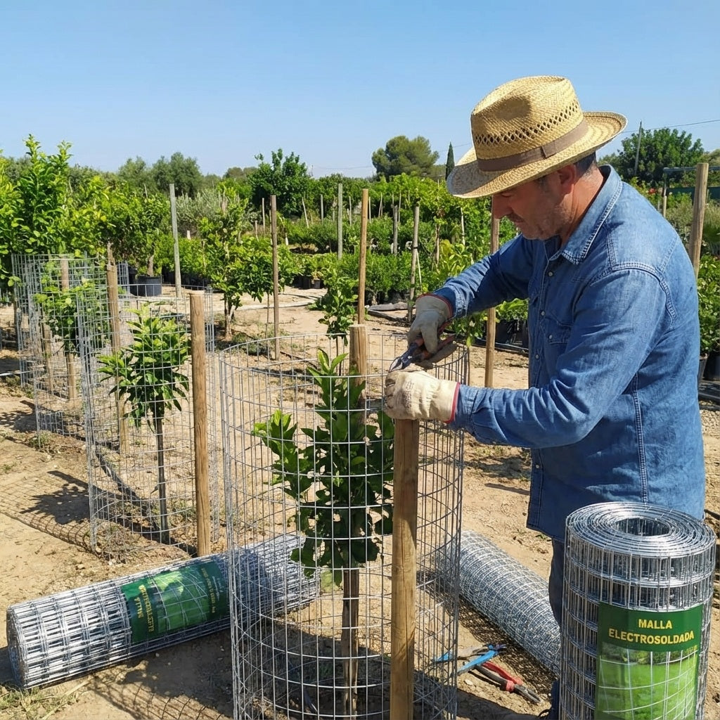 Malla metálica electrosoldada utilizada como protector forestal para árbol joven