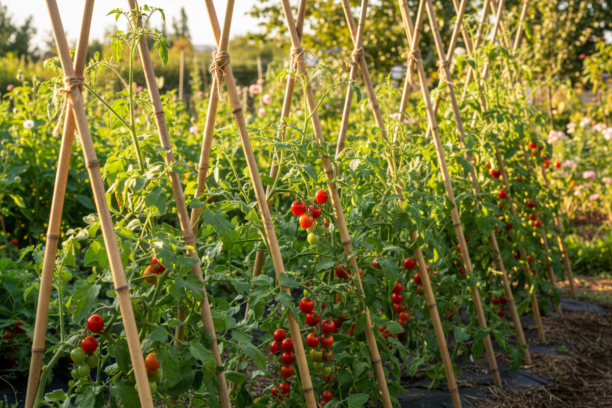 Tomateras entutoradas con cañas de bambú