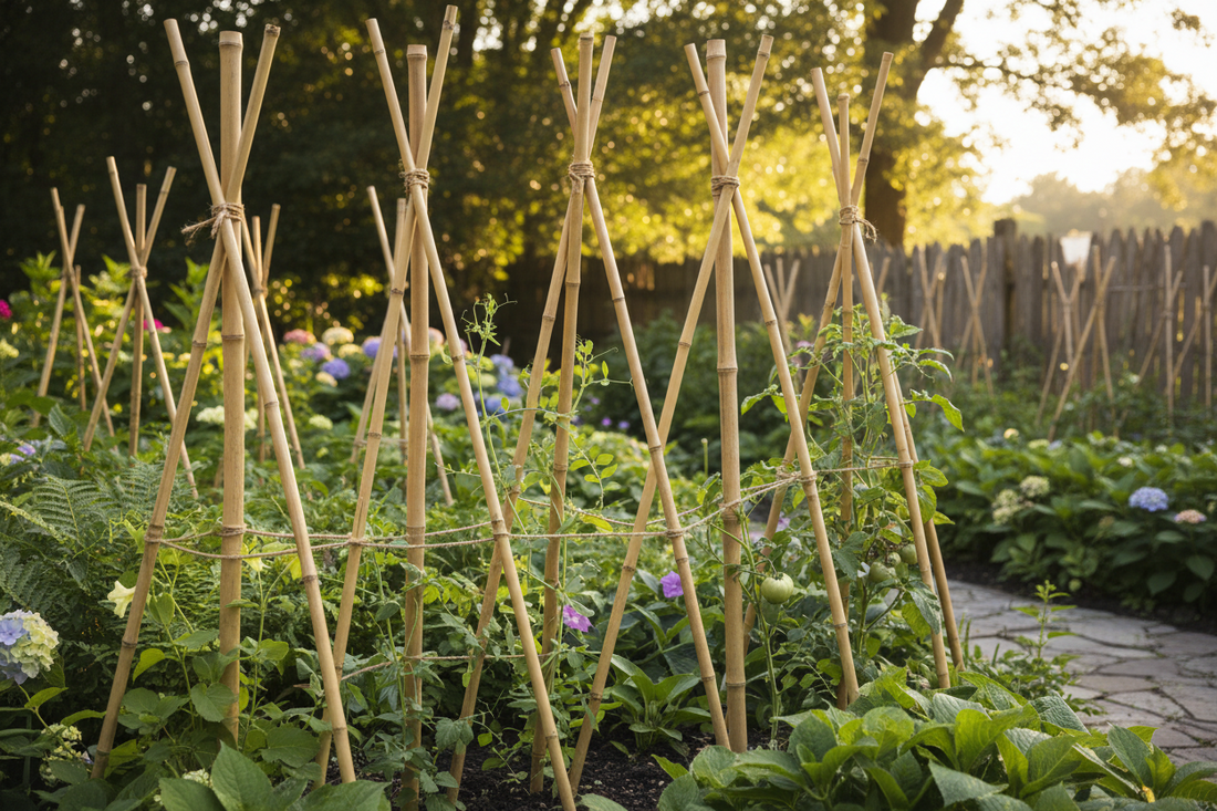 Tutores de bambú guiando plantas en jardín 