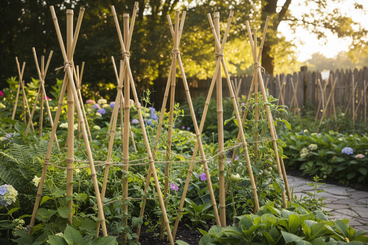 Tutores de bambú guiando plantas en jardín 