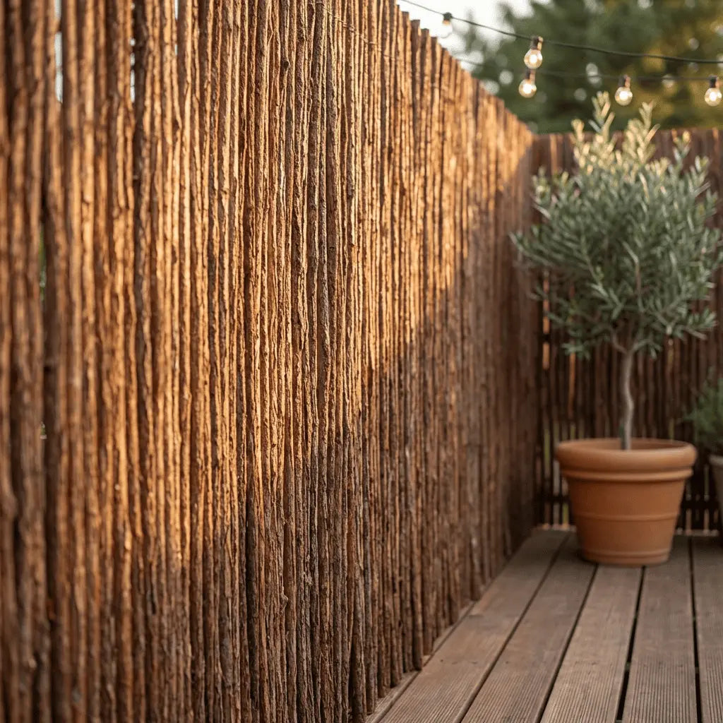 Rollos de ocultación natural de corteza de pino y brezo instalados en valla de jardín para privacidad y decoración exterior.