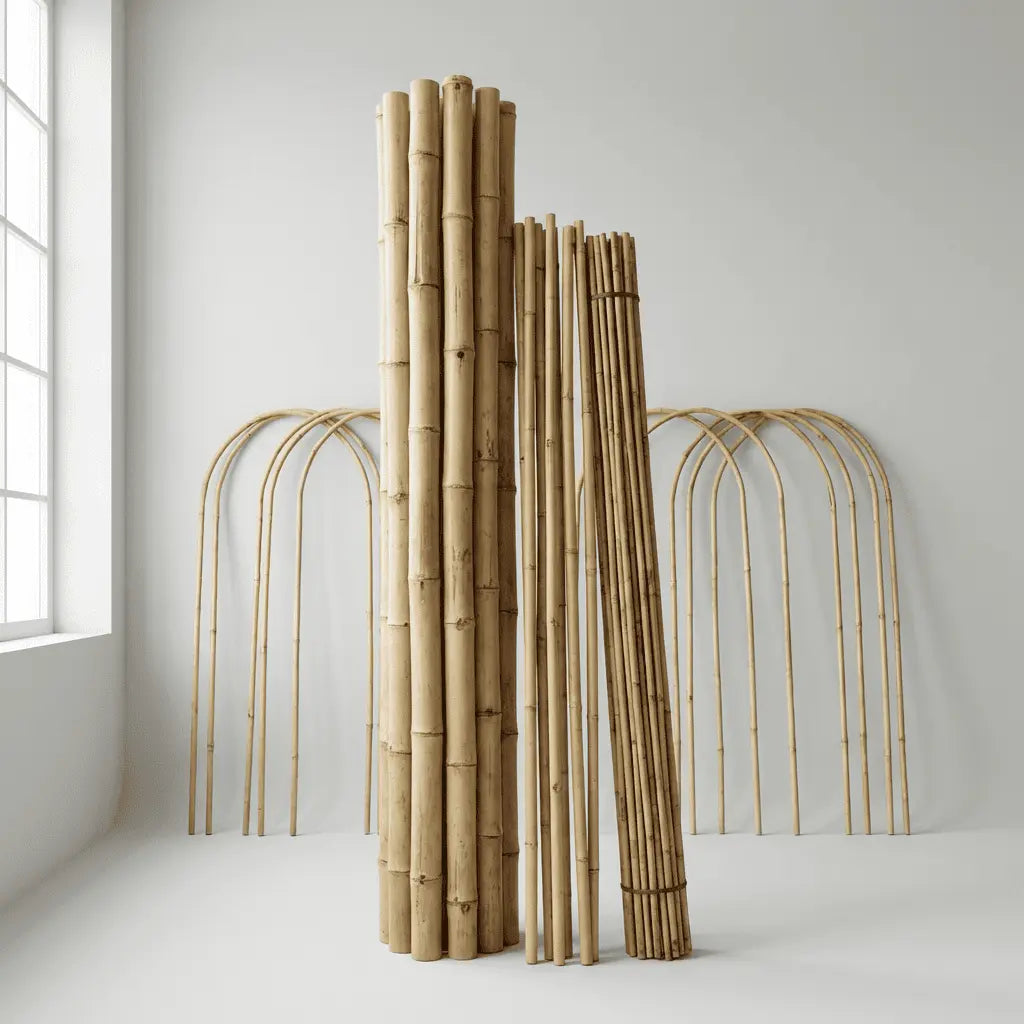 Fotografía de estudio de un manojo de cañas de bambú de gran calibre, otro de tutores de bambú y al fondo unos pocos arcos de bambú.