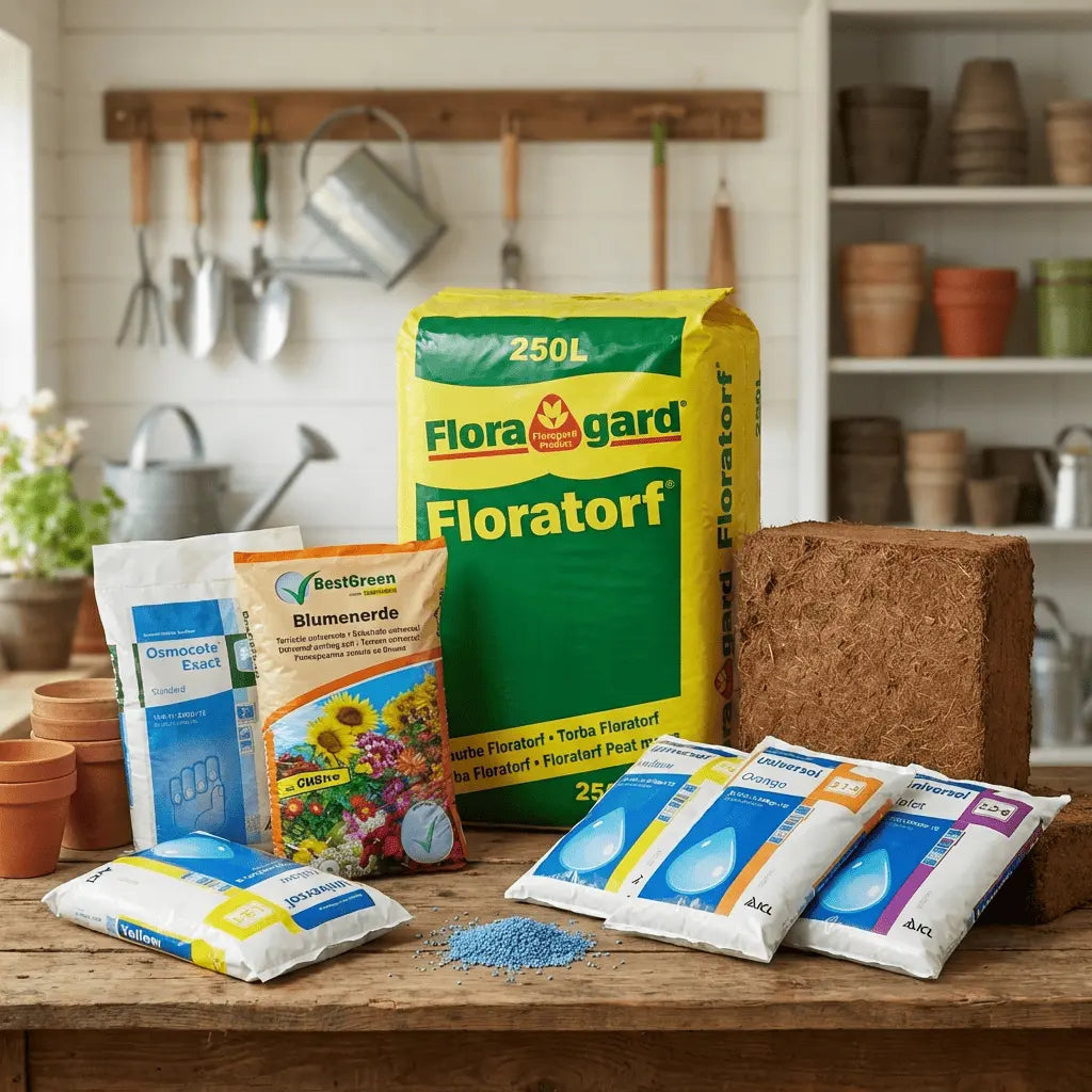 Gama completa de nutrición vegetal: sacos de sustrato profesional, abonos encapsulados Osmocote y bloques de fibra de coco natural.