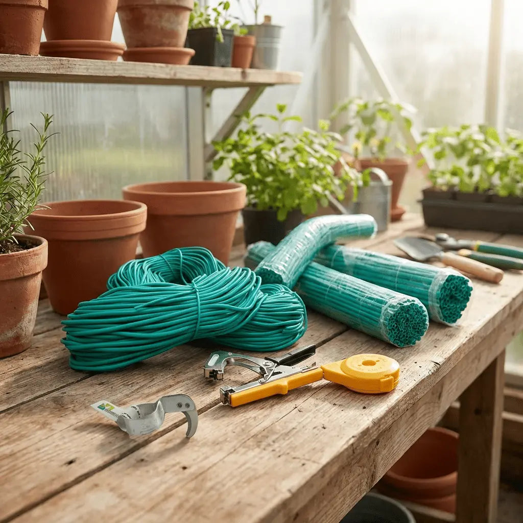 Accesorios de entutorado: maquina para atar, tubo agrícola para tomates y anillo cortador para macarrón verde