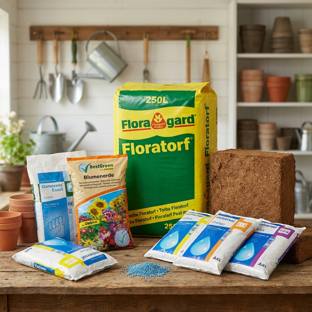 Gama completa de nutrición vegetal: sacos de sustrato profesional, abonos encapsulados Osmocote y bloques de fibra de coco natural.