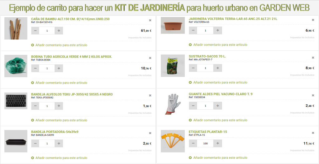 Ejemplo de kit de jardinería para huerto urbano que podrás comprar online en GARDEN WEB