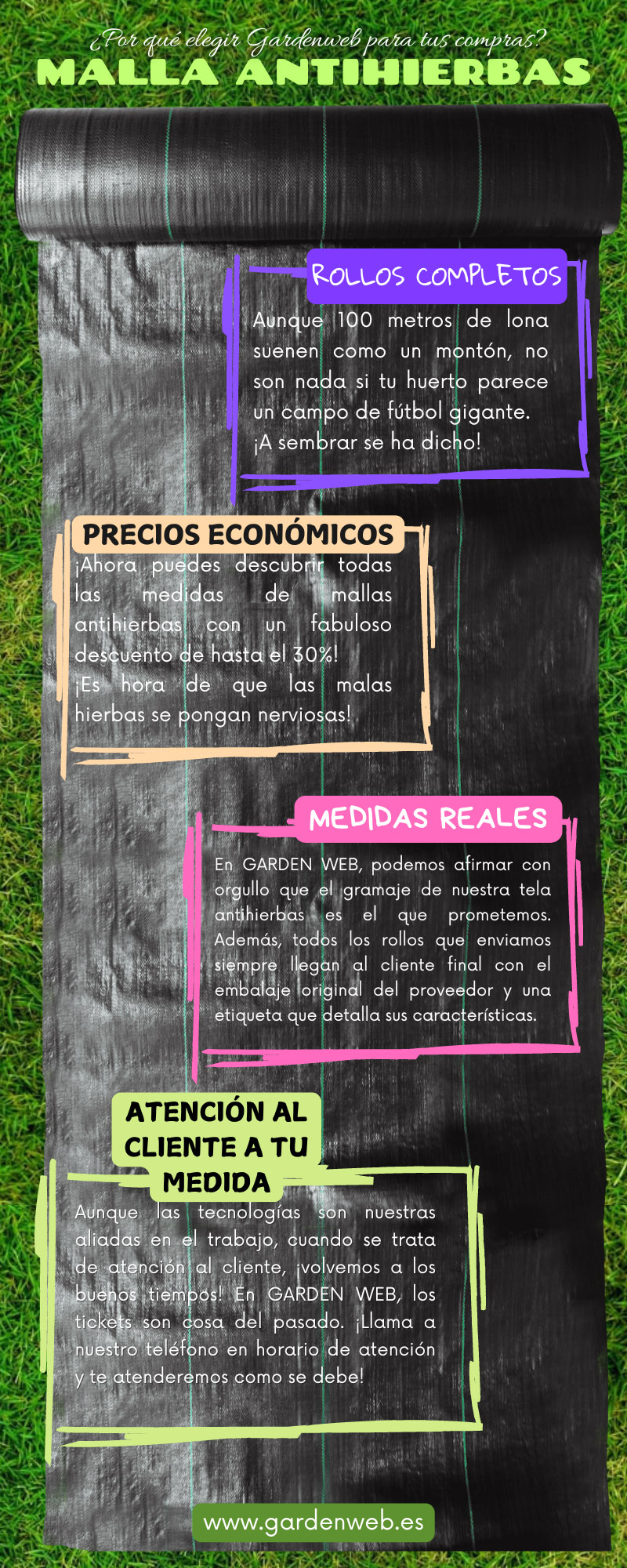 infografía explicando las ventajas de comprar malla antihierbas en garden web