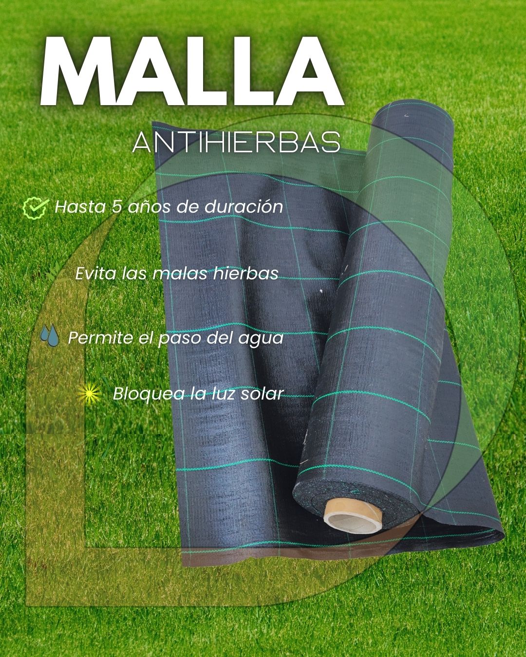 Malla antihierbas fabricada en polipropileno poroso, máxima resistencia contra malas hierbas